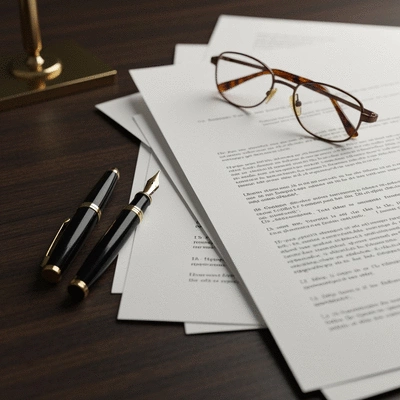 Close-up of legal documents with a pen and glasses, suggesting deep analysis