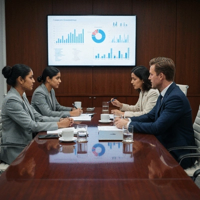 A diverse group of executives in a modern boardroom discussing corporate governance, with charts and graphs on a screen, no text, no words, no typography, 8K, professional setting