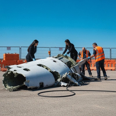 Investigators examining aircraft wreckage at a crash site, with safety barriers and equipment, clear sky, no text, no words, no typography, clean image
