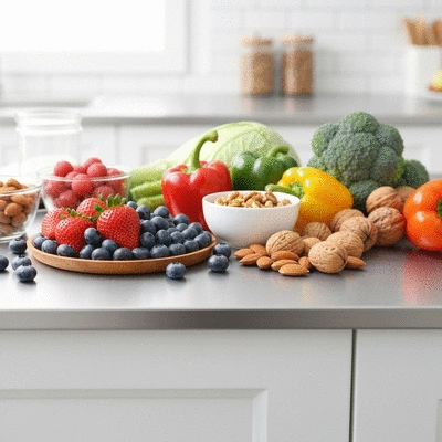 Healthy food choices for brain health on a kitchen counter