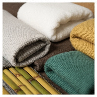 Close-up of various sustainable fabric swatches like organic cotton, recycled polyester, and bamboo, neatly folded in natural light, no text, no words, no typography, no labels, clean image, 8K