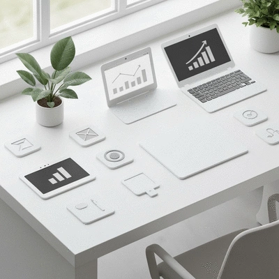 Various social media management tools displayed as icons on a clean desk, symbolizing a DIY toolkit
