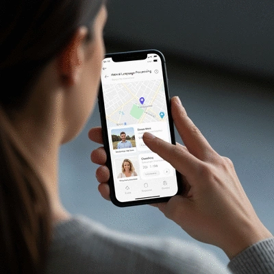 Person interacting with a map application on a smartphone, showing NLP-enhanced search results
