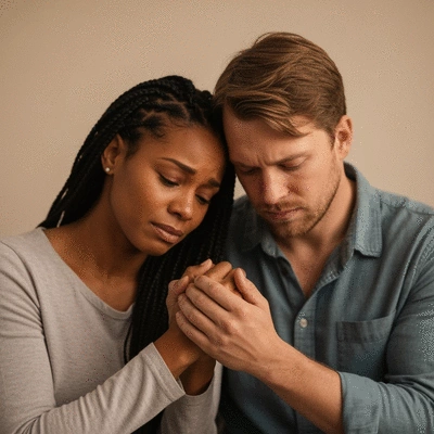 Grieving parents holding hands in comfort