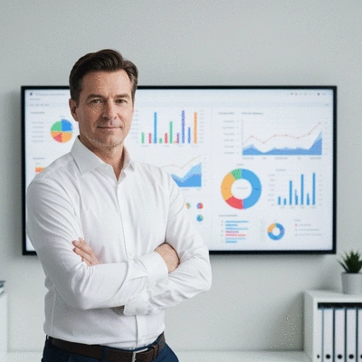Professional demonstrating SEO strategy on a large screen with charts and graphs, clean office environment, no text, no words, no typography, no labels, clean image