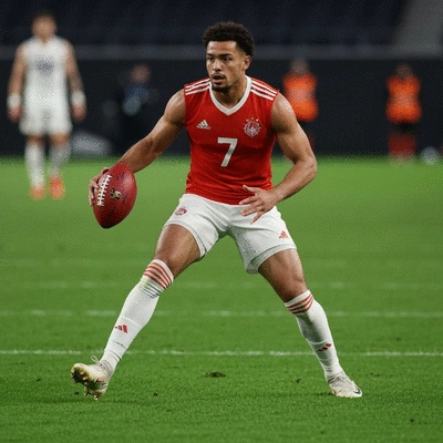Jude Bellingham in action on a football field, focused expression, dynamic pose, professional sports photography, no text, no words, no typography, clean image