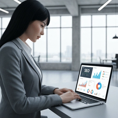 Person analyzing SEO data on a laptop for affiliate marketing, clean image, no text, no words, no typography