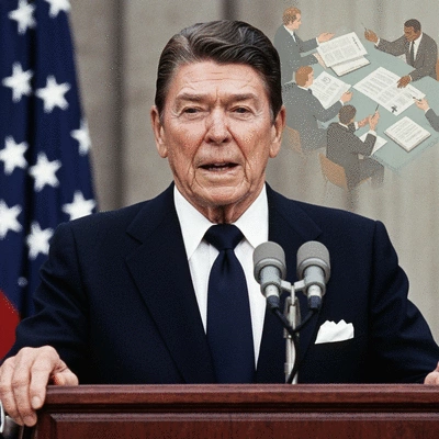 Historical image of Ronald Reagan giving a speech about tariffs, with a subtle overlay representing trade discussions, no text, no words, no typography, clean image