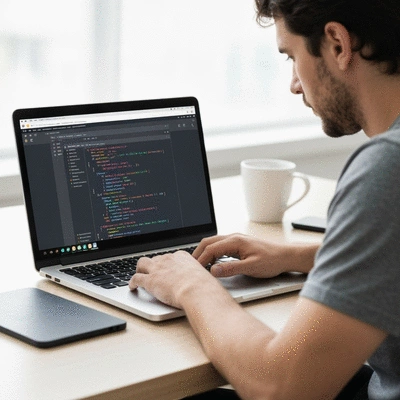 Developer working on custom software code on a modern computer with clean UI, no text, no words, no typography, 8K