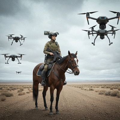 Futuristic border enforcement with integrated technology and mounted patrols