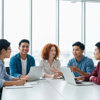 Students discussing higher education policies in a modern university setting, diverse group, no text, no words, no typography, clean image
