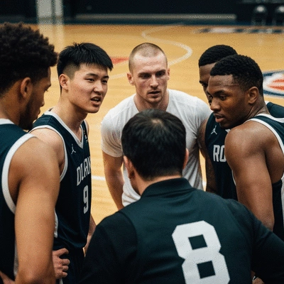 Basketball players in a huddle, focused and listening to coach