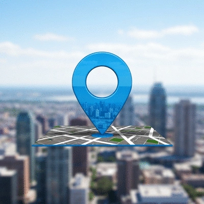 Stylized map pin icon over a blurred city map, clean image, no text, no words