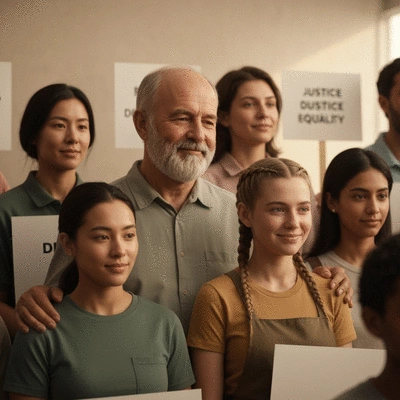 Diverse group of community members gathered, supporting each other, with signs for justice, no text, no words, no typography, clean image