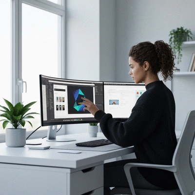 Designer working efficiently in Figma on a modern workstation, clean and bright environment, no text, no words, no typography, 8K, natural lighting