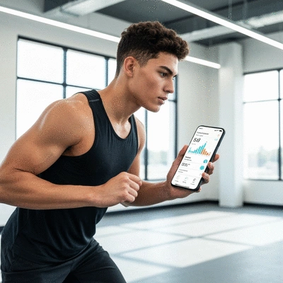 Person using an AI fitness app on a smartphone during a workout, clear and bright environment, no text, no words, no typography, 8K