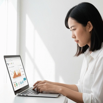 Person evaluating website analytics on a laptop, focusing on SEO performance metrics, clean image, no text, no words, no typography, no labels, clean image