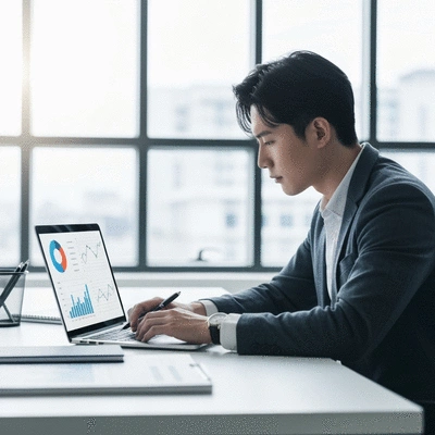 Person analyzing SEO data on a laptop with charts and graphs, representing continuous learning and adaptation