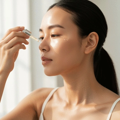 Woman applying a single product to her face as part of a minimalist beauty routine, clean background