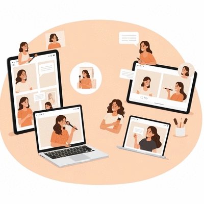 Diverse group of women smiling and interacting online about minimalist beauty, clean interface