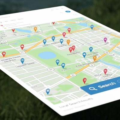 Detailed map showing local search results and pins for businesses