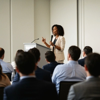 Riley Gaines speaking at a podium, an audience listening attentively, professional setting