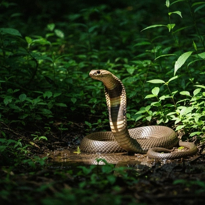 King cobra in its natural habitat, dense forest near water