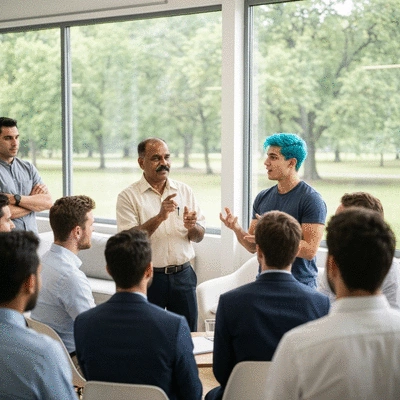 Diverse group of men participating in a health awareness seminar
