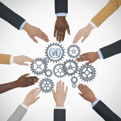 Conceptual image representing UN reforms, with gears and diverse hands working together, symbolizing global governance and collaboration. Soft, professional lighting.