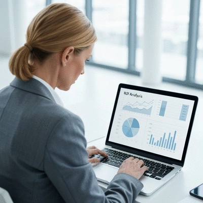 Professional analyzing data on a laptop, graphs and charts displayed, representing ROI analysis