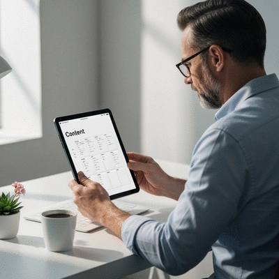 Person viewing a content calendar on a digital tablet, clean image, no text, no words, no typography