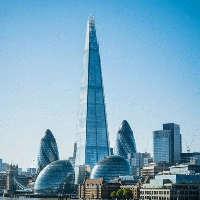 Modern London skyline with prominent buildings like The Shard, symbolizing Qatari investments, clear blue sky, no text, no words, no typography, 8K