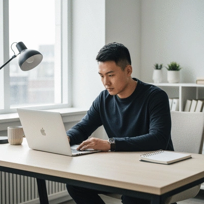 Person researching backlink strategy on a laptop, with a clean desk setup