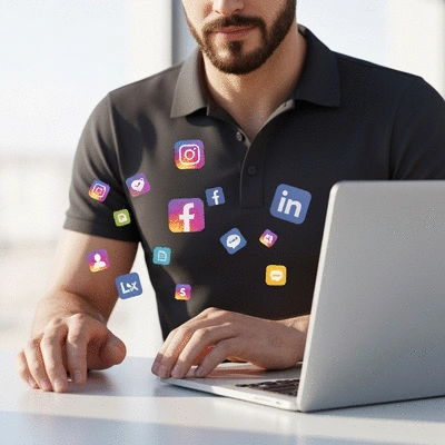 Person using a laptop with social media icons floating around, illustrating cost-effective growth