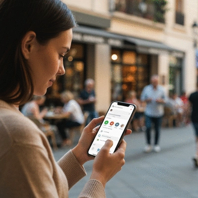 Person using a smartphone to search for local businesses, with a blurred background of a street or cafe, clean image, no text, no words