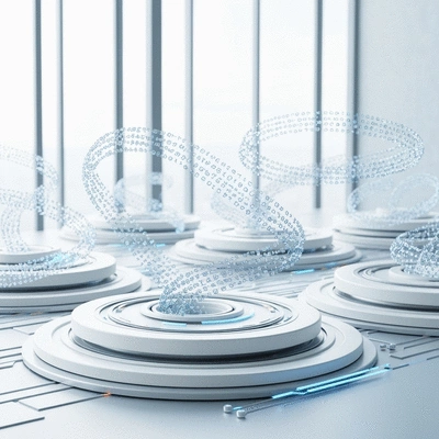 Abstract representation of AI algorithms processing data to identify brand mentions and establish credibility. High-tech, clean, no text, no words, no typography, 8K
