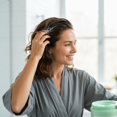 Woman happily applying affordable hair treatment to her hair in a bathroom setting