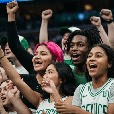 Young fans cheering at a Boston Celtics game