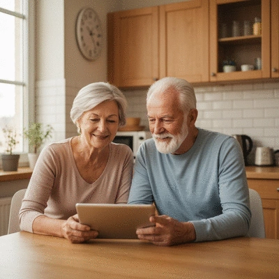 Elderly couple discussing finances at home with a tablet