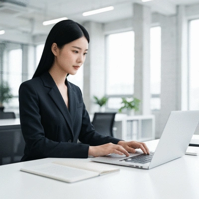 Modern office worker using AI-driven SaaS platform on a laptop, showing data analytics and enhanced productivity, clean image