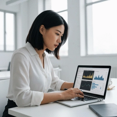 Person analyzing video analytics on a laptop, showing graphs and data, in a modern office setting