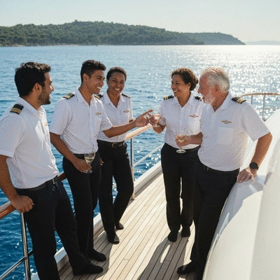 Diverse group of yacht crew members smiling and interacting on deck