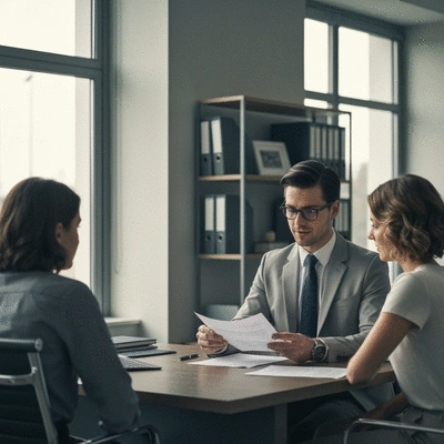 Financial advisor explaining documents to a client in a modern office