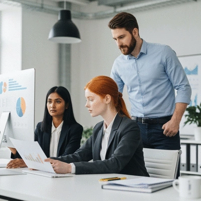 Professional team collaborating on a digital marketing strategy in a modern office, showing collaboration and data analysis