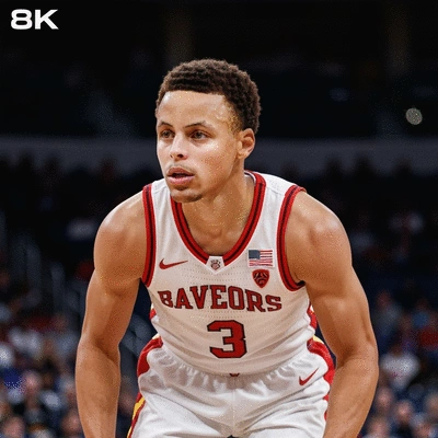 Steph Curry in his college jersey, a younger version of him, looking determined on the basketball court, no text, no words, no typography, 8K