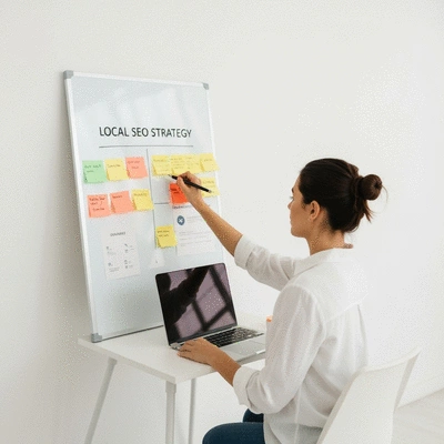Person planning local SEO strategy on a whiteboard with sticky notes