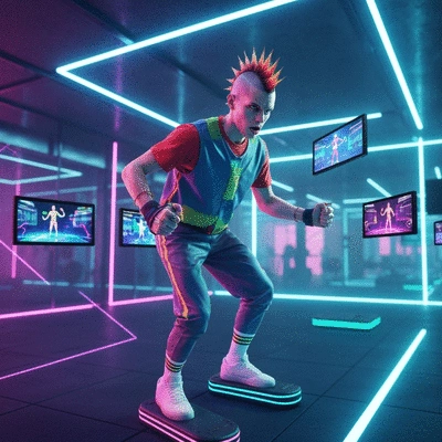 Futuristic gym with advanced AI fitness technology, virtual reality integration, wearable tech, and diverse people exercising, no text, no words, no typography, 8K